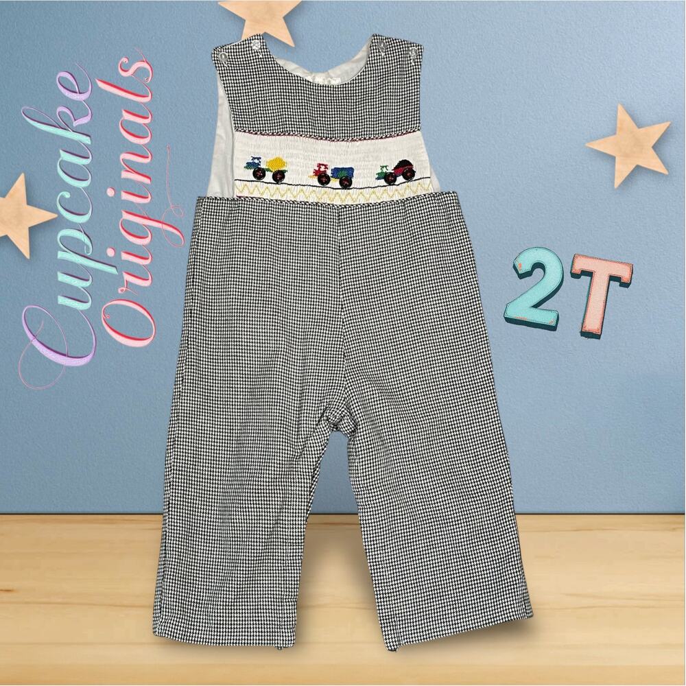 Cupcake Originals Smocked Construction Romper Boys 2T Black White Gingham Trucks